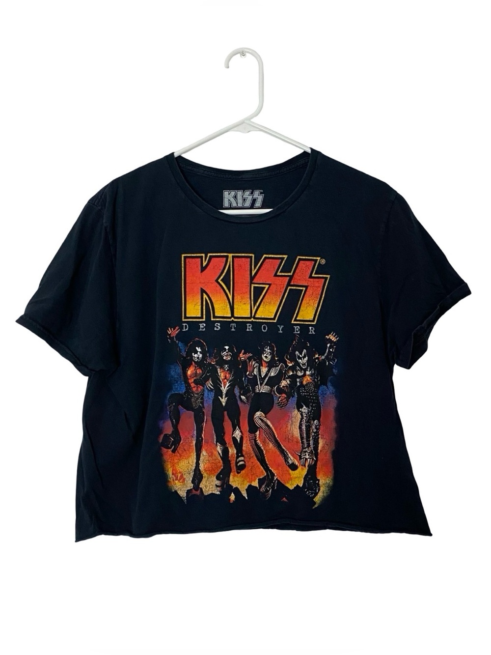 KISS Destroyer Band Tee Tshirt Crop Top Women Size Large Retro Rock N Roll Shirt